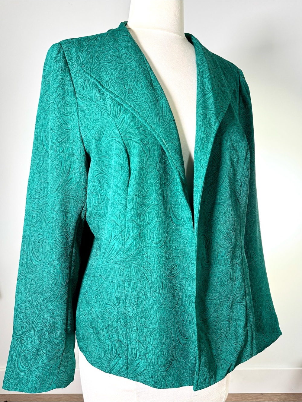 Kim Rogers 14 Emerald Paisley Jacquard Open Front Blazer Lined Beautiful